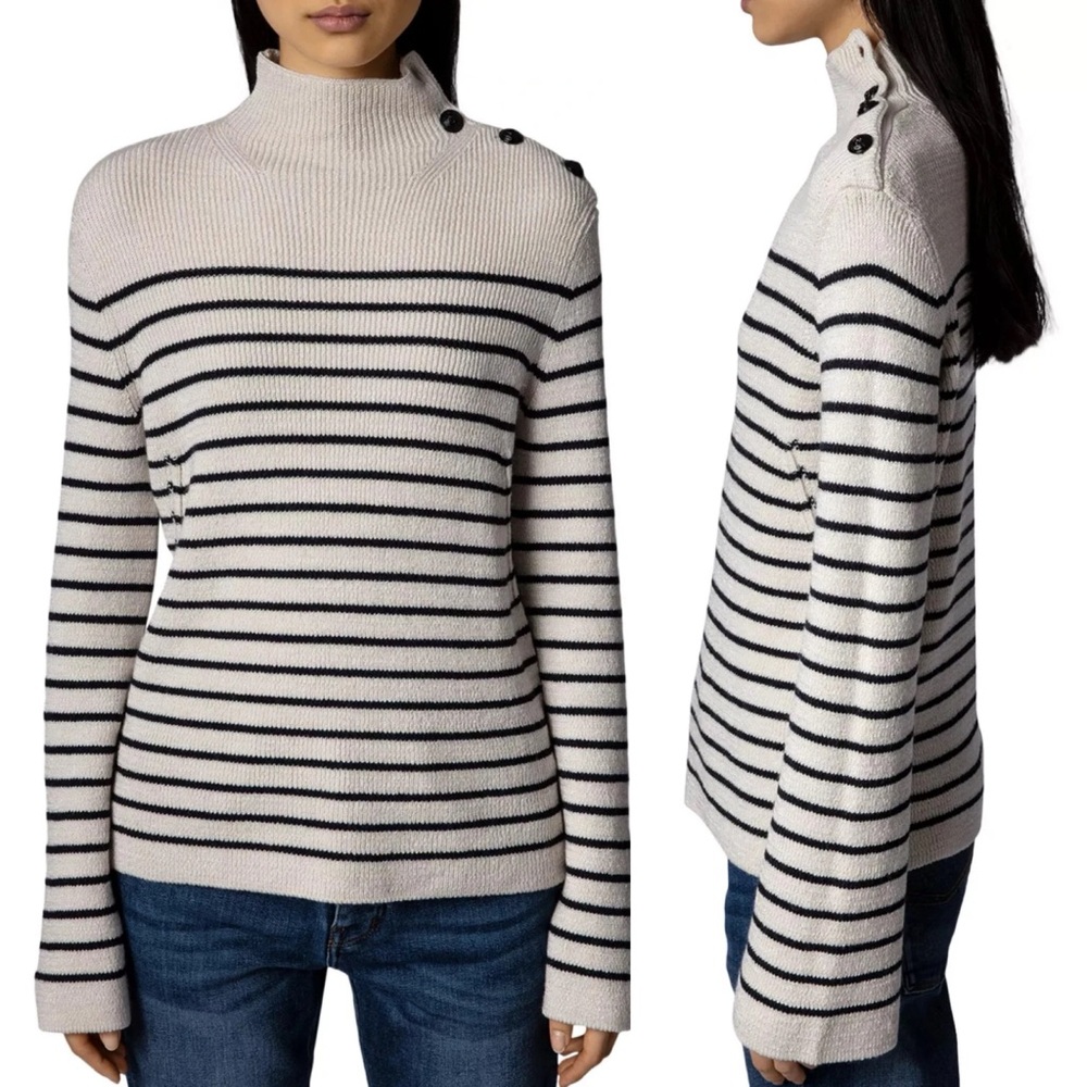 Zadig & Voltaire Sailor Striped Merino Wool Blend Mock Neck Sweater Ivory XS